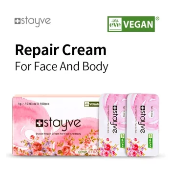 Stayve Repair Cream utóápoló krém (1g): professzionális hidratáló és bőrnyugtató szérum hialuronsavval és peptidekkel, mezoterápiás és BB Glow kezelések utáni otthoni ápoláshoz.