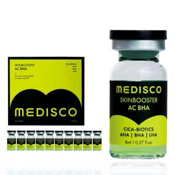 Medisco Skinbooster AC BHA mezoterápiás ampulla szett (10x8ml): professzionális pórustisztító és faggyúszabályozó szérum CICA-Biotics technológiával mikrotűs kezelésekhez (Dermapen).